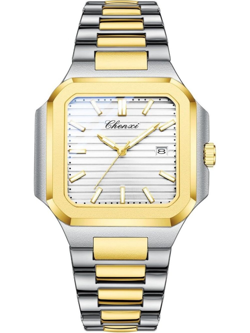 Classic Silver Stainless Steel Square Watch - Luminous Hands, Date, 30M Water